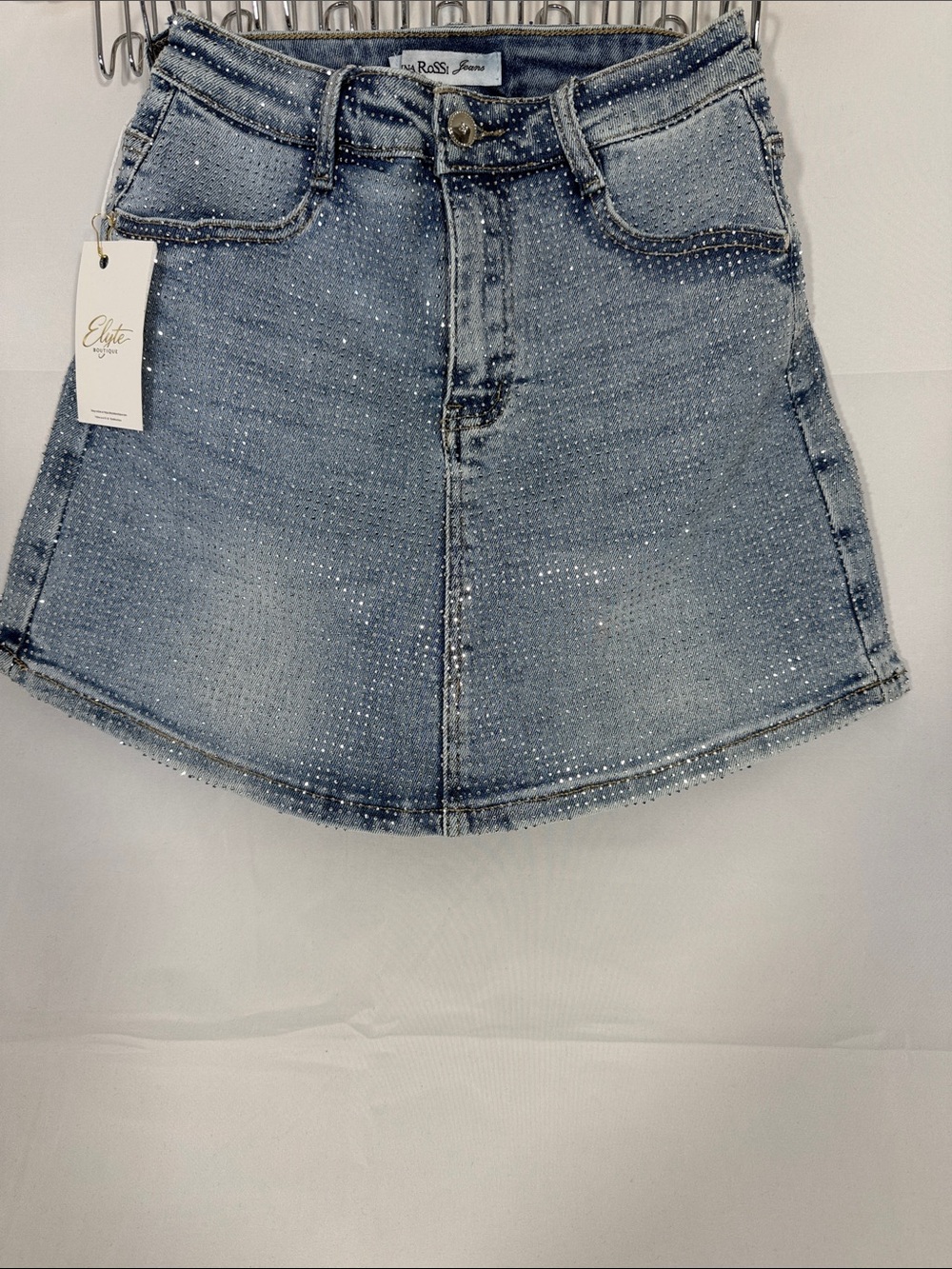Rina Rossi Light Blue Denim A-Line Mini Skirt with Crystal Accents